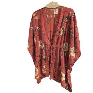 Haute Project Kimono Blouse, 1X, Orange Floral